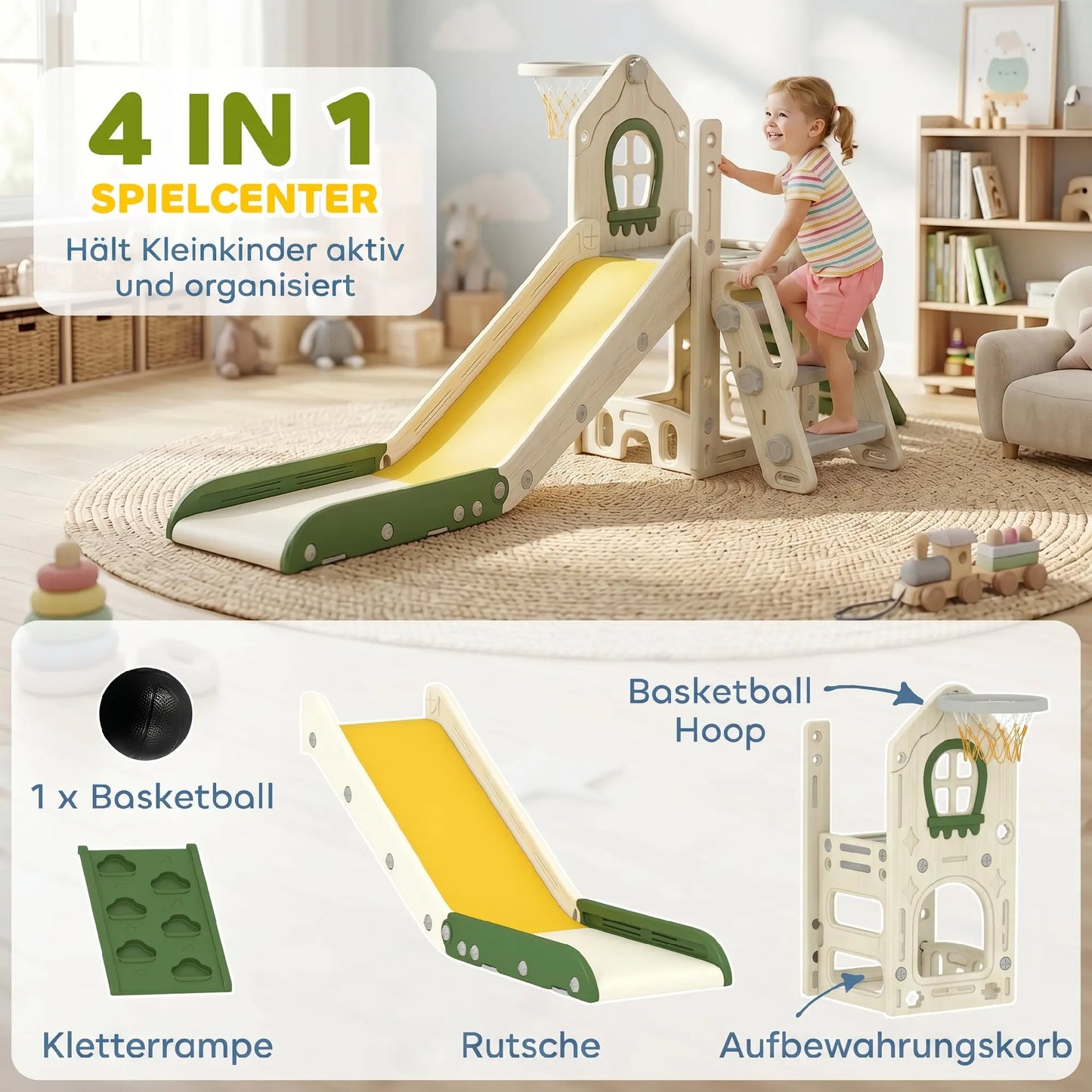 Foldable 4-in-1 Toddler Slide with Climbing Elements, Basketball Stand, Storage Space and Basketball for Kids 1-3 Years Old, Cream White, Kids Toy Slide, Kids Slide, Outdoor Toy Slide