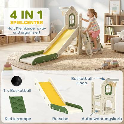 Foldable 4-in-1 Toddler Slide with Climbing Elements, Basketball Stand, Storage Space and Basketball for Kids 1-3 Years Old, Cream White, Kids Toy Slide, Kids Slide, Outdoor Toy Slide