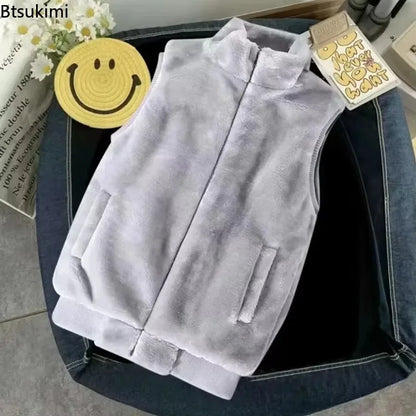 2026 Autumn Winter Men's Thicked Golden Velvet Warm Vest Fashion Solid Sleeveless Zipper Hooded Jacket Fake Fur Couple Waistcoat