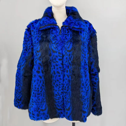 Women Real Rabbit Fur Coat High Collar Winter Jacket Make of One Rabbit Fur Cross Mink Pattern