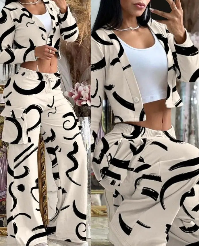 Autumn Fashionable And Elegant Solid Color Women's Suit Long-sleeved V-neck Short Coat Pocket Wide-leg Drawstring Trousers Suit