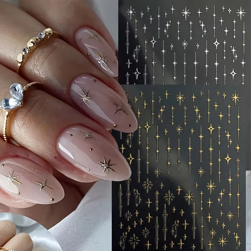 3D Star Nail Art Stickers Decals Self-Adhesive Metal Silver DIY Nail Stickers Decoration Decals Manicure Accessories