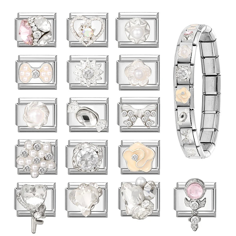 Zircon Pearl Heart Bow Candy Flower Butterfly Italian Charm Links Fit 9mm Stainless Steel Bracelet Personalized DIY Making Gifts