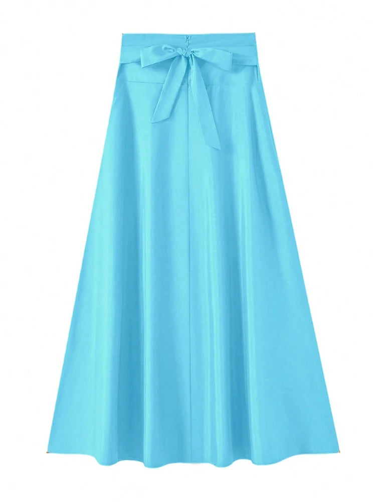 New In Dresses Solid Color A-line Skirts for Woman Clothing High Elastic Waist Long Skirt Women With Bow Elegant Women's Skirts