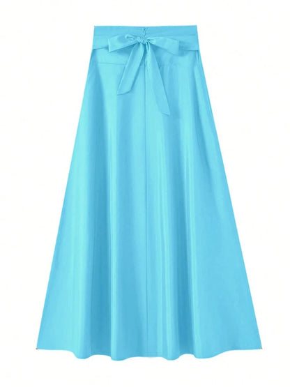New In Dresses Solid Color A-line Skirts for Woman Clothing High Elastic Waist Long Skirt Women With Bow Elegant Women's Skirts