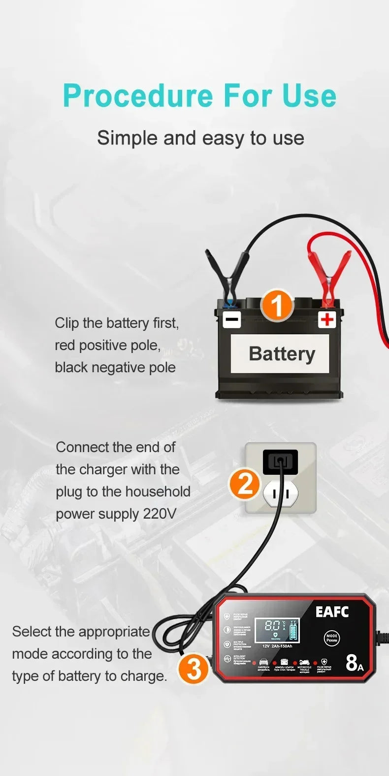 12V 8A Intelligent Car Battery Charger Car Battery Charger Pulse Repair Motorcycle Truck Battery Charger GEL Lead Acid