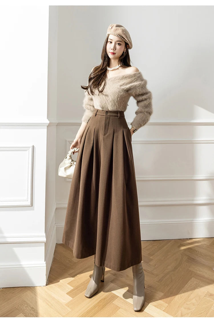 Vintage Winter Woolen Long Skirts For Women Streetwear High Waist Pleated Maxi Skirt Big Swing Folds A-Line Jupe Longues Femme