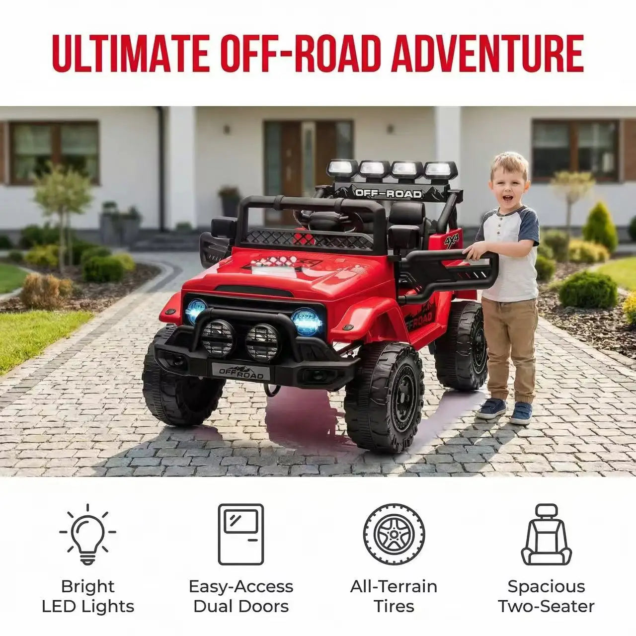 HAUSPROFI 12V Off-Road Ride-On Electric Car Toys for 3+ Years,With LED Lights,Remote Control,Seat Belt ,Bluetooth, 3-Speeds, Suspension