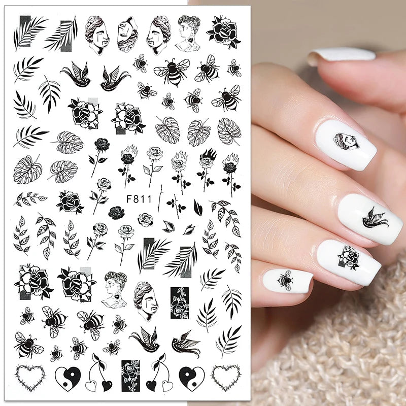Black and White Love Flowers Line Art 3D Stickers Nail Decals Nail Art Accessories Butterfly Rose Nail Stickers Nail Sliders