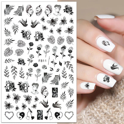 Black and White Love Flowers Line Art 3D Stickers Nail Decals Nail Art Accessories Butterfly Rose Nail Stickers Nail Sliders