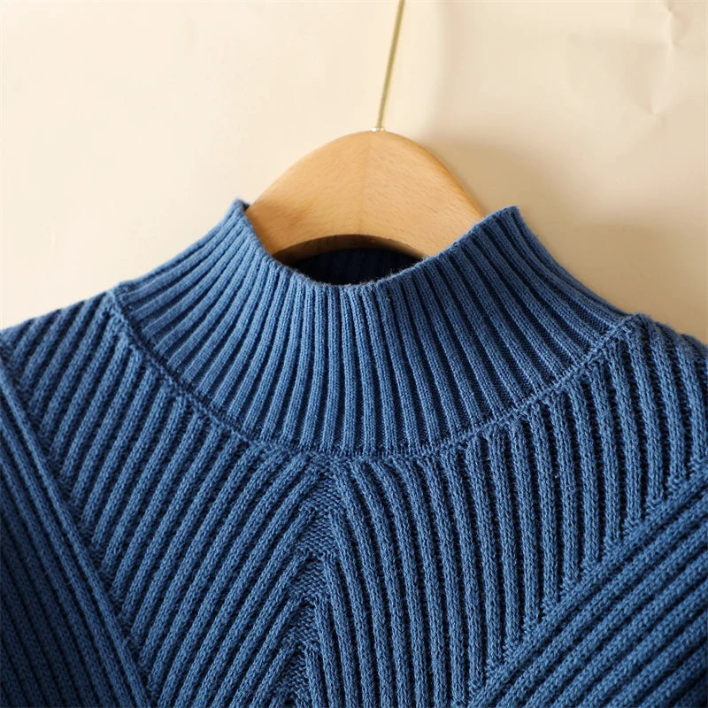 Women 100% Cotton Knit Sweater Half-high Collar Stripe Pullover Autumn Winter Thickened Bottoming Clothing Casual Knitted Tops