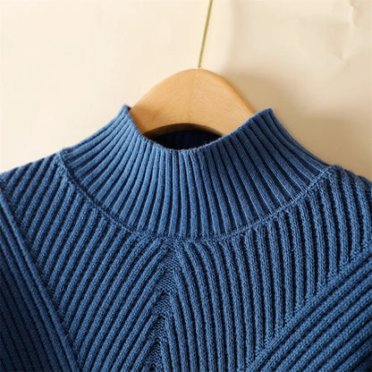 Women 100% Cotton Knit Sweater Half-high Collar Stripe Pullover Autumn Winter Thickened Bottoming Clothing Casual Knitted Tops