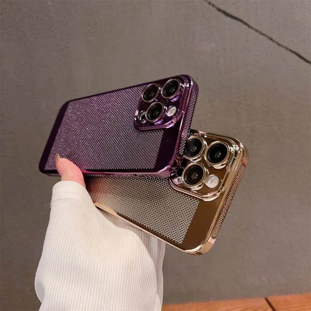 Luxury Plating Hollowed Out Case for iPhone 17 Pro 16 15 14 Pro Max Plus 13 12 Mini 11 17Air Heat Dissipation Shockproof Cover