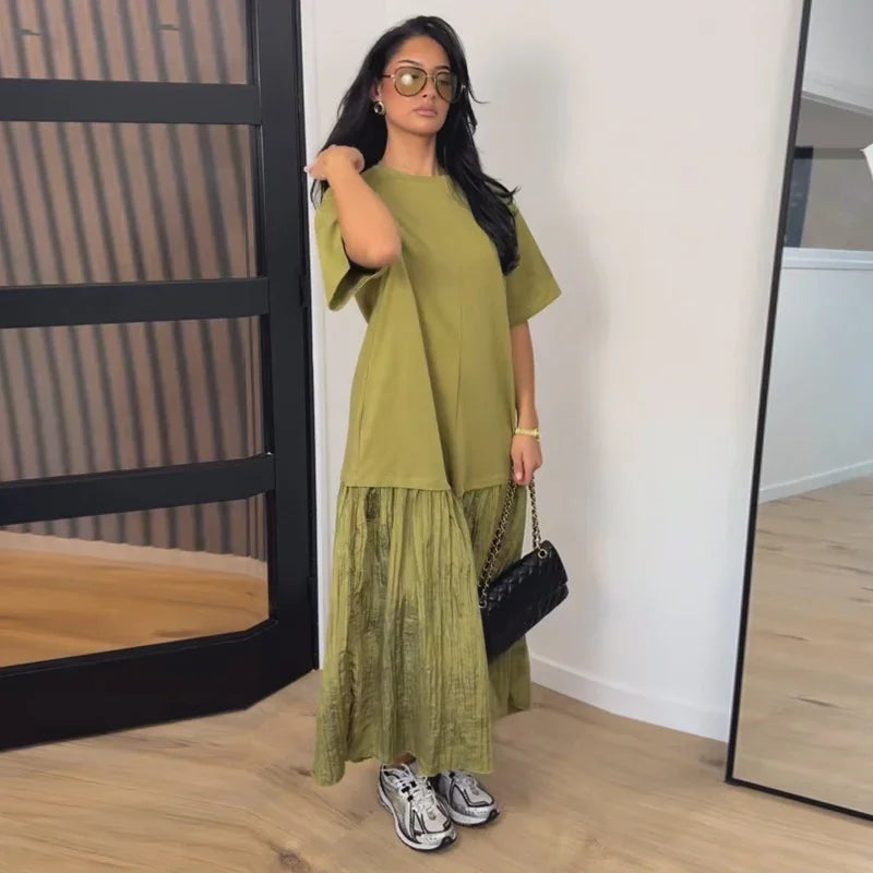 2026 Summer New Loose Patchwork Dresses Women's Pleated Fashion Short Sleeve O-neck Long Robes Female Elegant Casual Dress