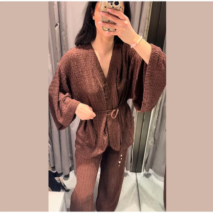 Tie Front Textured Women Set V-Neck Loose Set Wide Sleeve Drawstring Pants Casual Lounge Solid Color 2 Piece Outfits For Daily