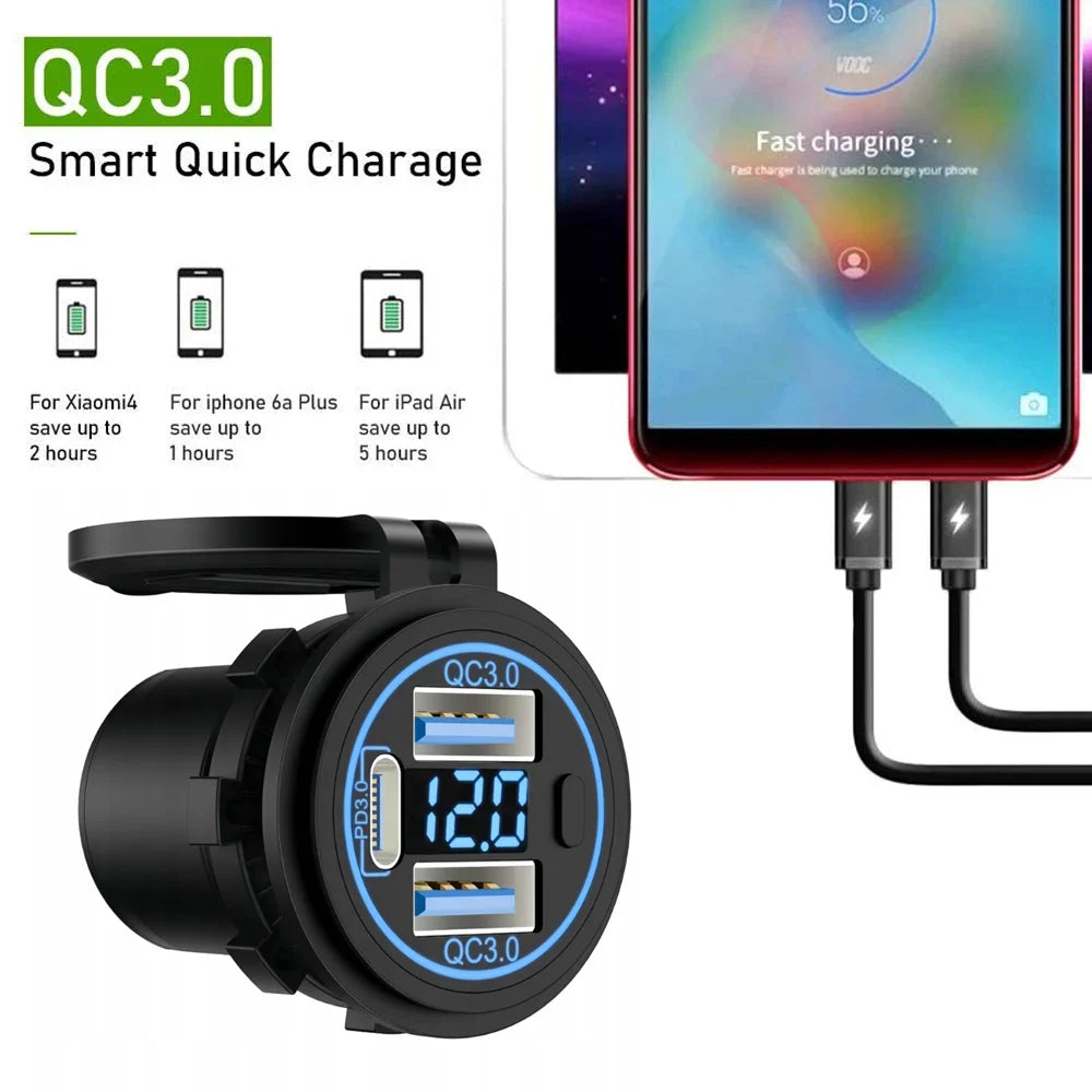 3 Ports Quick Charge Dual PD & QC 3.0 112W Aperture Car Charger Outlet Socket For 12V 24V Motorcycle Boat Marine Truck ATV