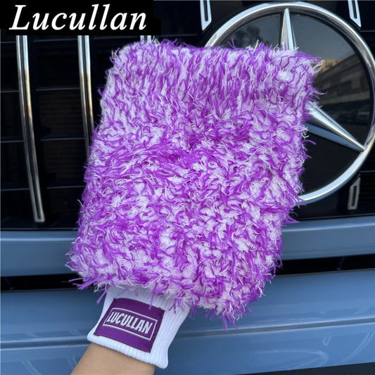 Lucullan Logo Premium Purple Microfiber Glove Super Absorbency Foam Stitch Inner Lining Car Wash Mitt