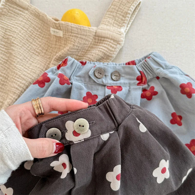 Spring/Summer Calf Length Pants for Girls Floral Print Anti-mosquito Breeches Korean Kid's Loose 7 Point Pants Childrens Clothes