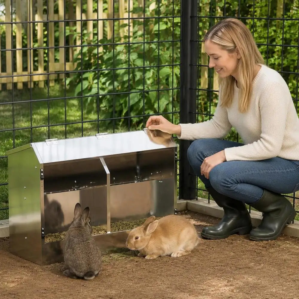Rabbit Feeder Hay Rack And Feeding Trough, Galvanized Steel, For Hutch Cage And Pet Enclosure Daily Feeding, Silver, 64.5 X 25.5 X 45.5 Cm