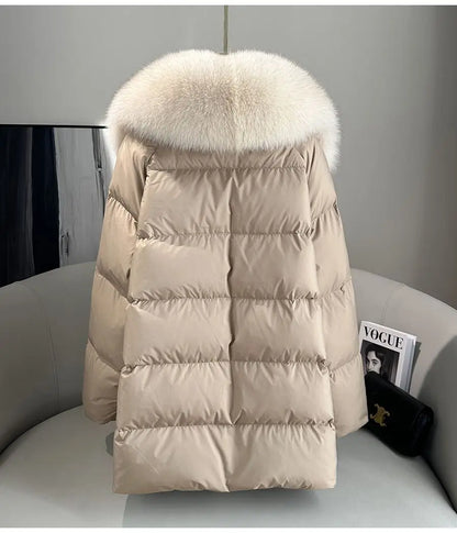 High end Faux Fox fur detachable Large Lapel fur Down Jacket For women 2025 Winter New Medium long Loose White goose Down Coats