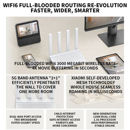 2024 NEW Original Xiaomi AX3000T Router 2.4GHz 5GHz 1.3GHz CPU 2X2 160MHz WAN LAN LED NFC Connection for Home Office Games Mi