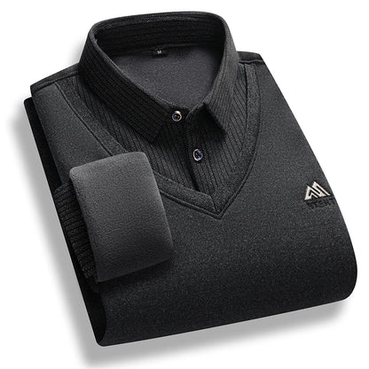 Men's Fleece Lined Sweater Polo Collar Pullover Tops Fashion Business Causal Pullovers Korean Slim Fit Thick Winter Clothes