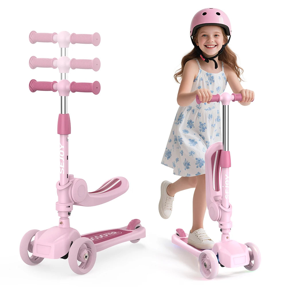 Sejoy Kick Scooter for Kids with 3-Wheeled Adjustable Lean-to-Steer Handlebar Foldable Seat - Sit or Stand Ride with Brake