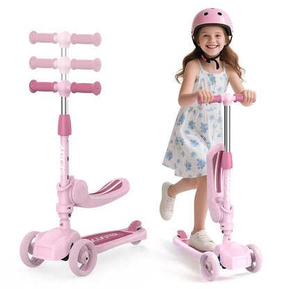 Sejoy Kick Scooter for Kids with 3-Wheeled Adjustable Lean-to-Steer Handlebar Foldable Seat - Sit or Stand Ride with Brake