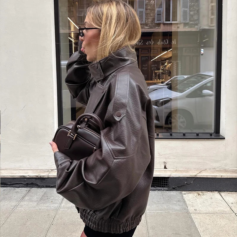 Women's Faux Leather Jacket 2025 New Fashion Autumn Black Long Sleeve Pebble Jacket Motorcycle Style Personality Ladies Jacket