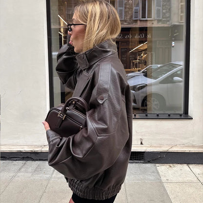 Women's Faux Leather Jacket 2025 New Fashion Autumn Black Long Sleeve Pebble Jacket Motorcycle Style Personality Ladies Jacket