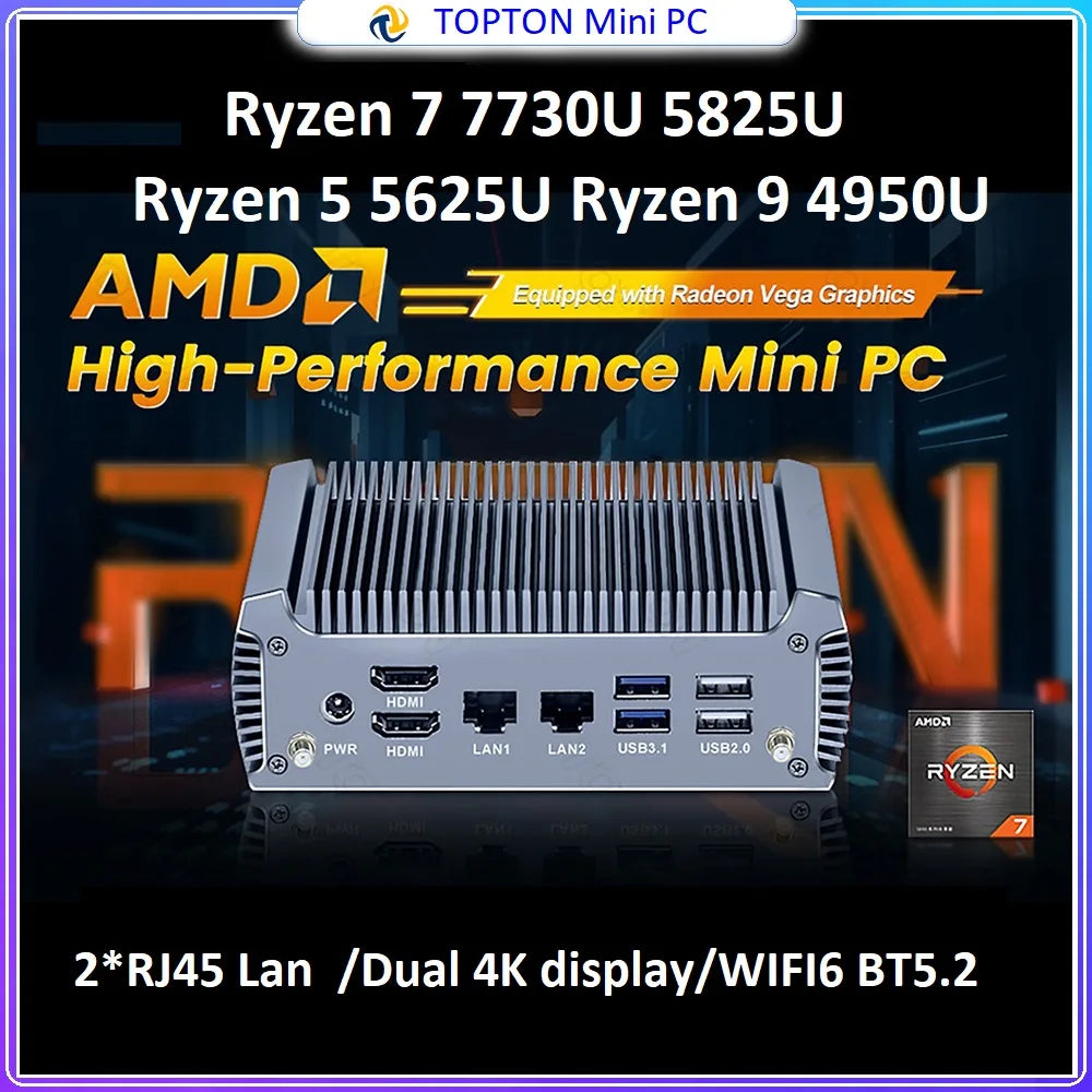 Topton Fanless Gaming Mini PC AMD Ryzen 7 7730U R9 4950U 5625U 4500U Office PC Dual LAN 2*HDMI NVMe DDR4 Firewall Computer WiFi6