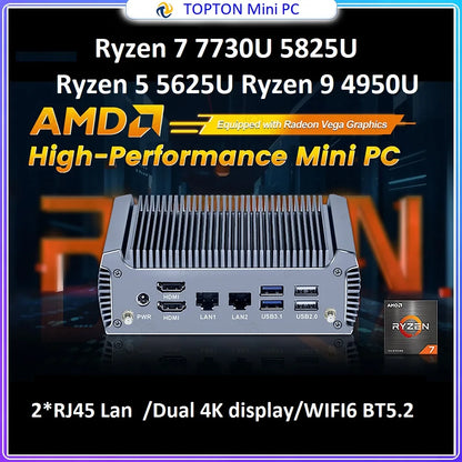 Topton Fanless Gaming Mini PC AMD Ryzen 7 7730U R9 4950U 5625U 4500U Office PC Dual LAN 2*HDMI NVMe DDR4 Firewall Computer WiFi6