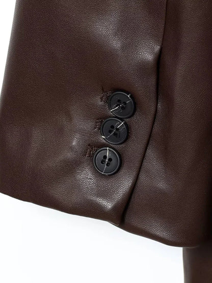 Women's Fashion Faux Leather Blazer Coat Loose Fit Old Money Style Long Sleeve Front Button Chic Outerwear Top