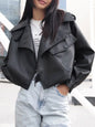 Ailegogo Streetwear Women Moto Biker Loose Short Pu Faux Leather Jacket Spring Autumn Female Big Pocket Coat Outwear