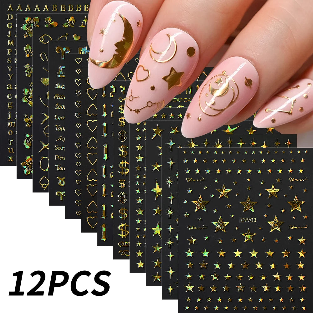 12Pcs 3D Gold Sliver Stars Nail Stickers Bronzing Starlight Nail Art Decals Self Adhesive Slider Decals DIY Nail Tips Decoration