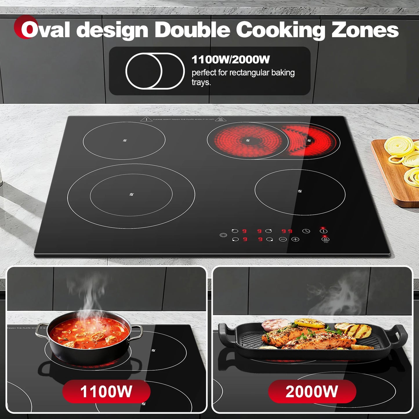 2-Zone Ceramic Hob, 3000W with Child Lock, 9 Heat Levels, 1-99min Timer, Black (CE Certified)