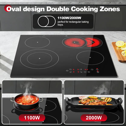 2-Zone Ceramic Hob, 3000W with Child Lock, 9 Heat Levels, 1-99min Timer, Black (CE Certified)