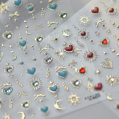 Gold Totem Red Heart Nail Art Stickers Aurora Holographic Star Moon Butterfly 5D Self Adhesive Nail Art RhinestoneS Stickers DIY