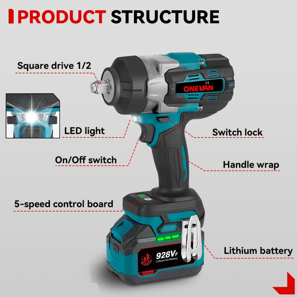 ONEVAN 2800N.M Brushless Cordless Electric Impact Wrench High Torque Screwdriver Drill Power Tool For Makita 18V Battery Pin