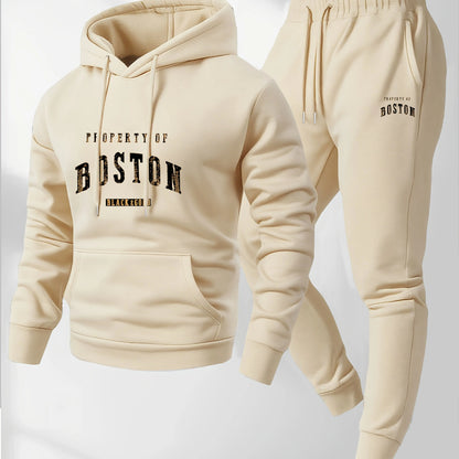 Men's Boston print hooded sweatshirt and sweatpants soft and comfortable thin velvet warm sweatpants set autumn and winter