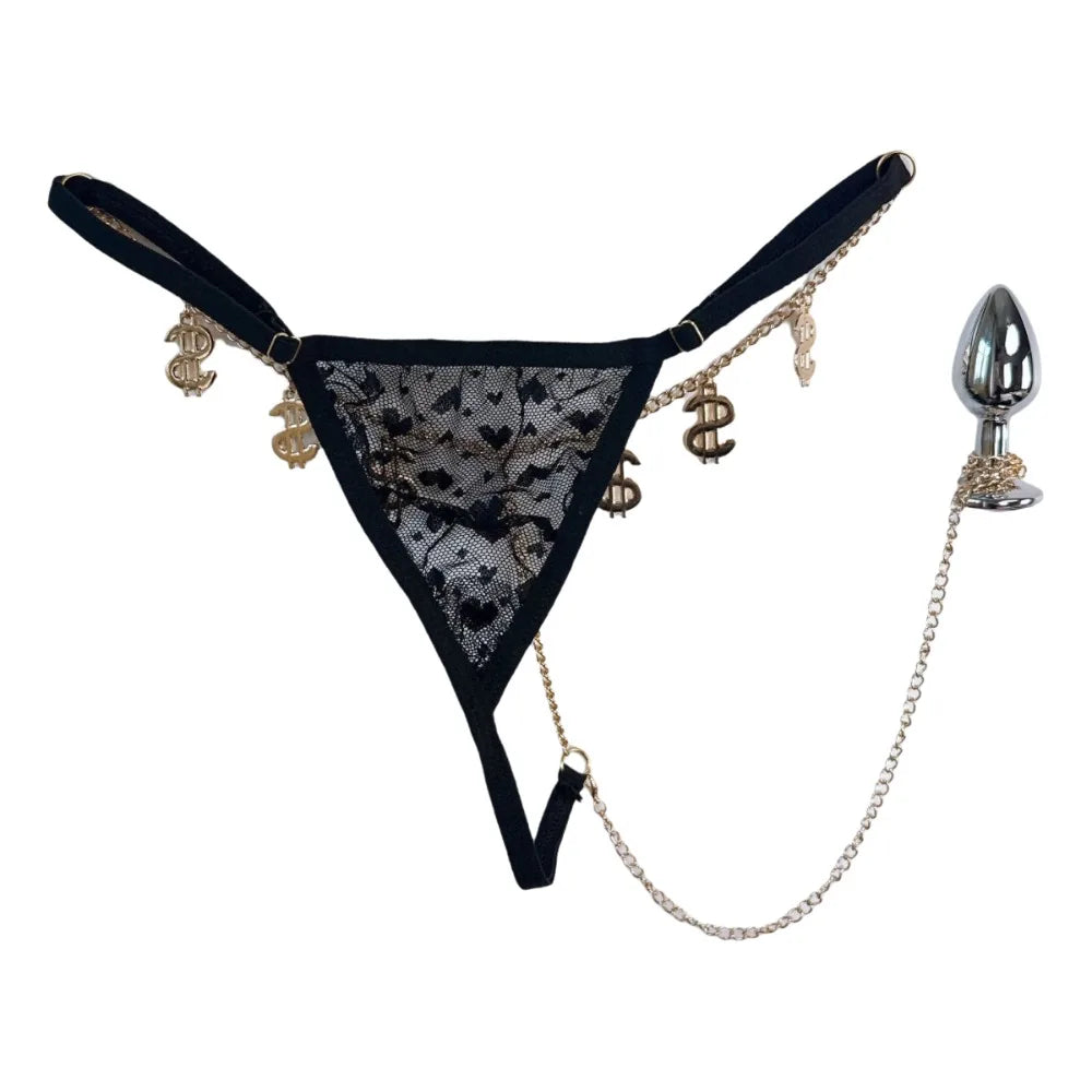 Anal Plug with Lace Thong Panty Set for Women Men Sexy Underwear with 2.8cm Butt Plug for Outdoor Wear BDSM Adult Sex Toys Gay