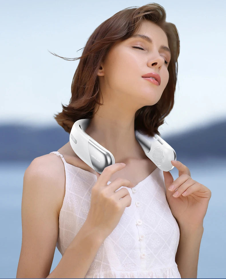 Lenovo Neck Fan 5 Speed Adjustable Bladeless Silent Neck Hanging Fan USB Rechargeable LED Digital Display Ice Refrigeration Fan