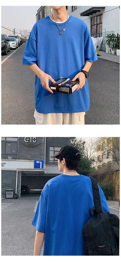 Oversized Summer Short Sleeve Men's T Shirt New Fashion Solid Loose O-Neck T Shirts Mens Cotton Hip Hop Streetwear Top Tees 5XL