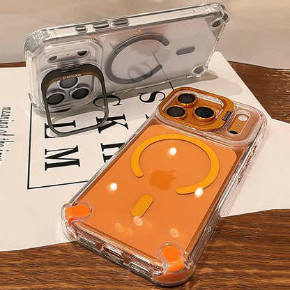 Luxury Transparent Airbag Case For iPhone 17 16 15 14 12 13 Pro Max Plus Air for Magsafe Transparent Camera Stand Holder Cover