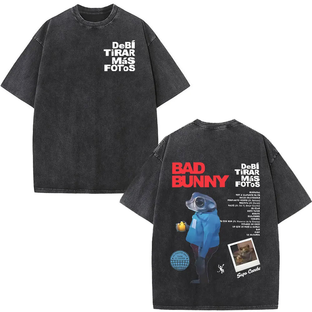 Rapper Bad Bunny Album Cover Print T-shirt Debi Tirar Mas Fotos DTMF Washed Vintage T Shirt Men Women Hip Hop Oversized T-shirts