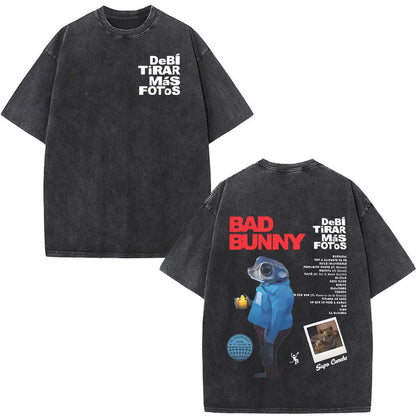 Rapper Bad Bunny Album Cover Print T-shirt Debi Tirar Mas Fotos DTMF Washed Vintage T Shirt Men Women Hip Hop Oversized T-shirts