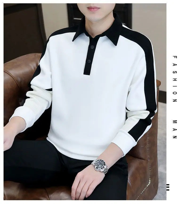High Street Casual Men Autumn Sweatshirt Top Chic Turn-down Collar Long Sleeve Loose Winter Panelled Plus Fleece Pullover Hoodie