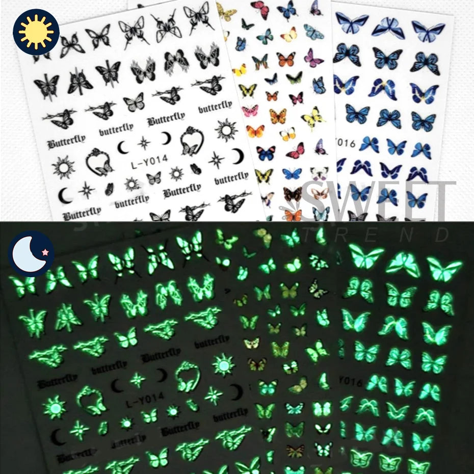 3pcs Luminous Butterfly Nail Decal Stickers Colorful Blue Butterfly Series Design Glow In The Dark Night Polish Sliders Manicure