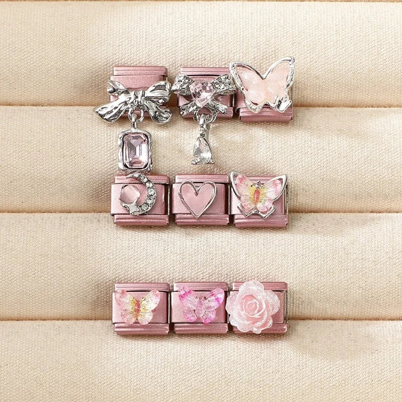 2025 New Women Romantic Pink Cherry Heart Shiny CZ Italian Charm Links Fit 9mm Bracelet Stainless Steel DIY Making Jewelry Gifts