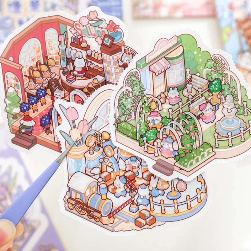 24pcs/bag zoo small class meow wow wonderland series scenery sticker book three-dimensional scene miniature sticker handbook DIY